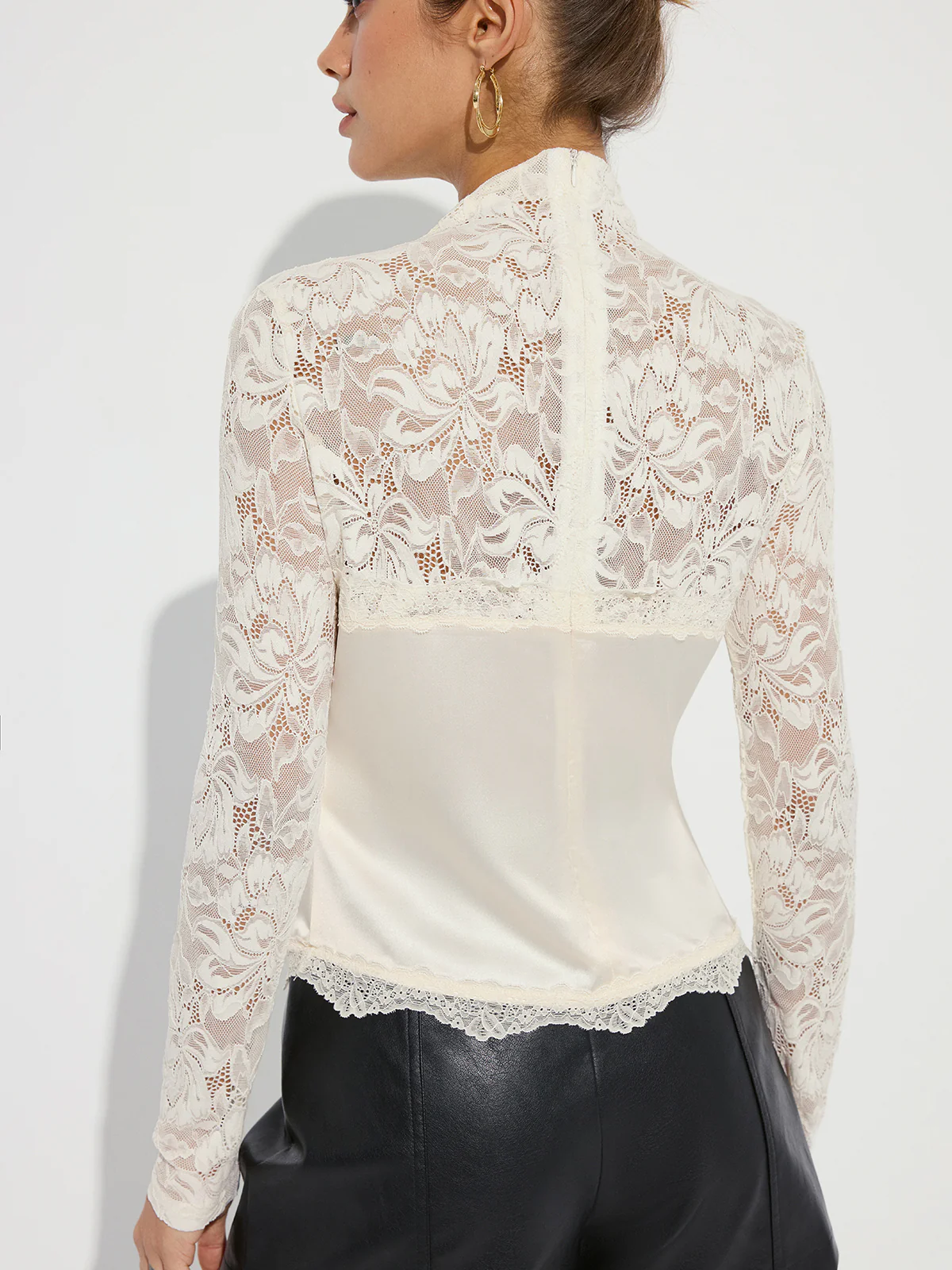 Mock Neck Lace Paneled Satin Blouse - Image 5