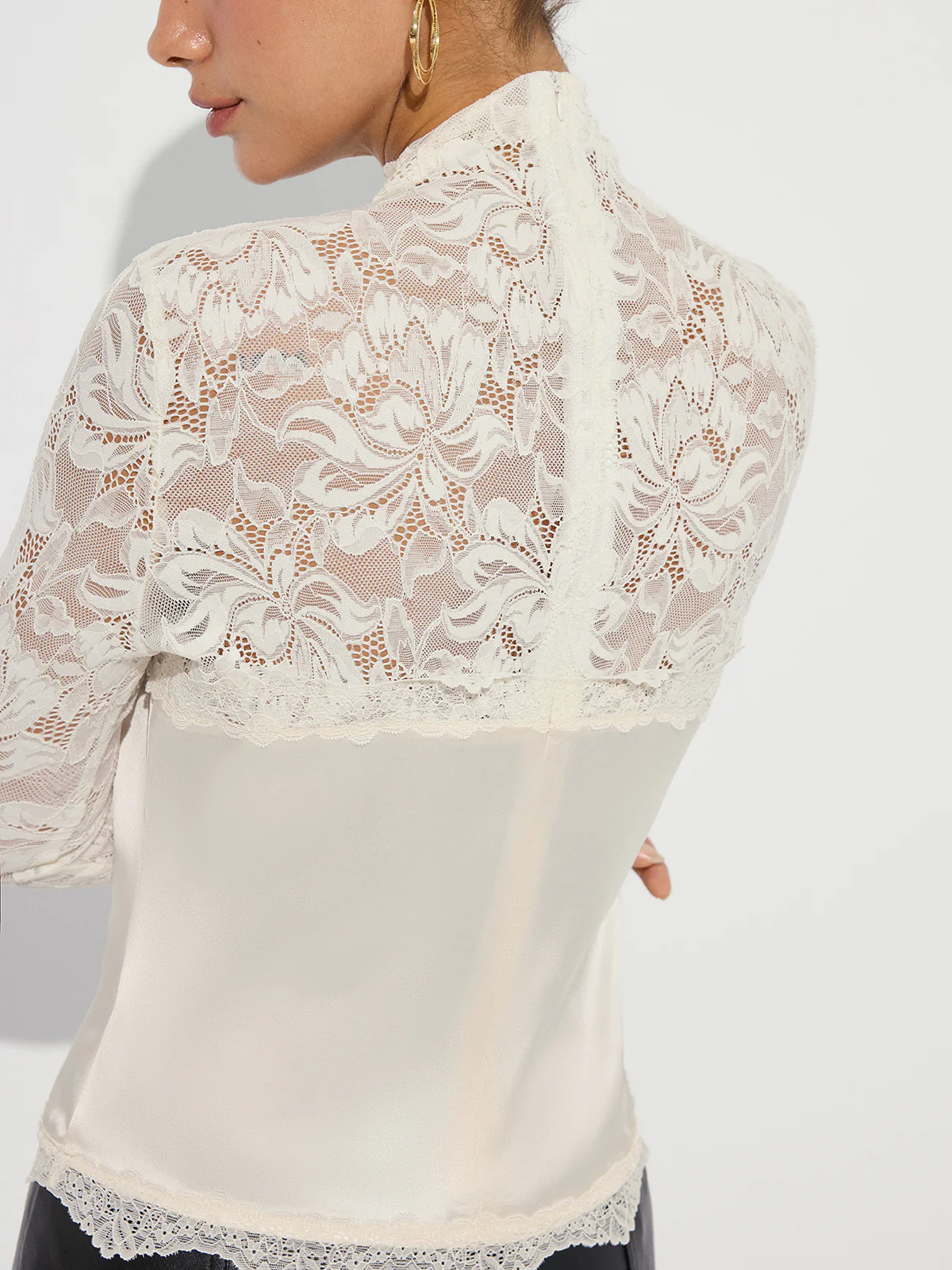 Mock Neck Lace Paneled Satin Blouse - Image 6