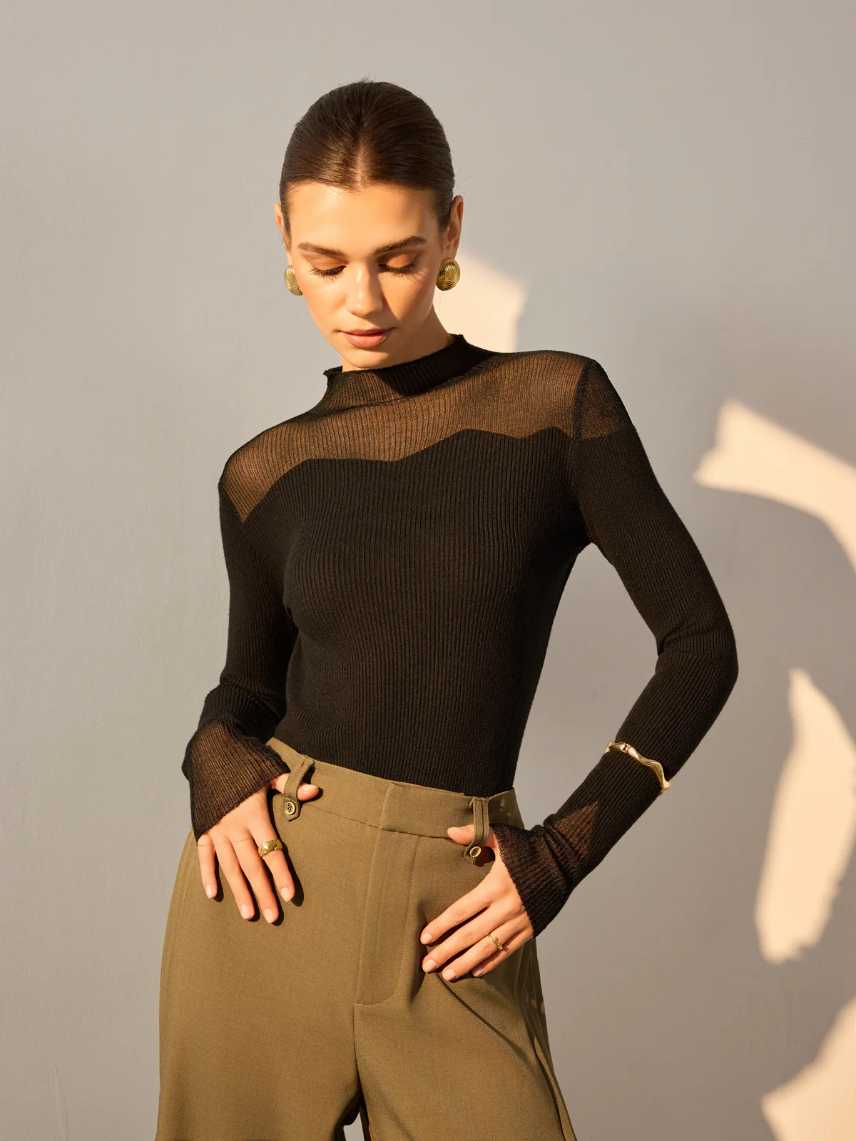 Mock Neck Mesh Panel Slim Sweater - Image 2