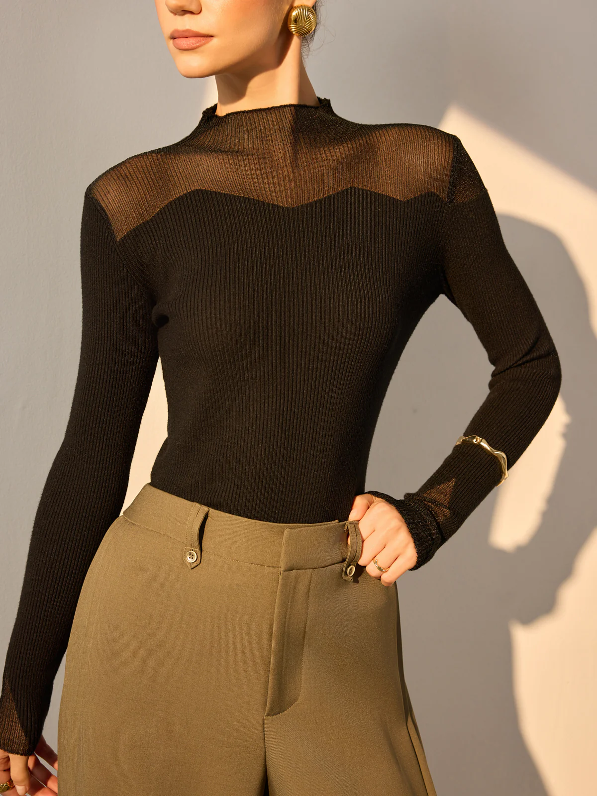 Mock Neck Mesh Panel Slim Sweater - Image 3