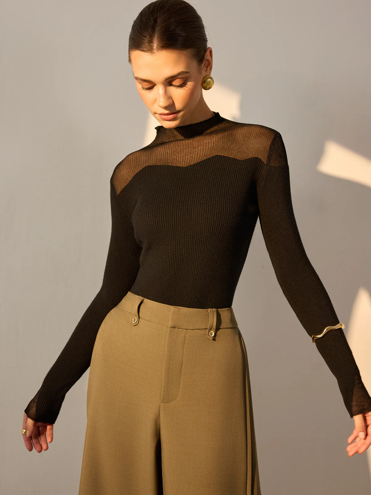 Mock Neck Mesh Panel Slim Sweater - Image 4