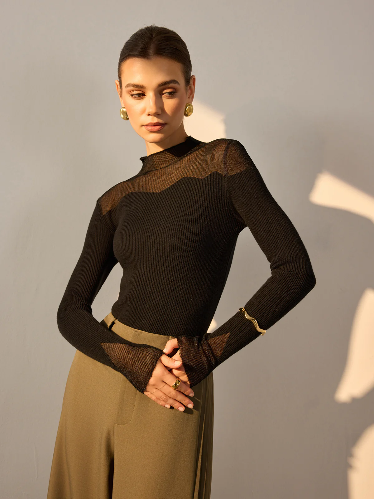Mock Neck Mesh Panel Slim Sweater - Image 5
