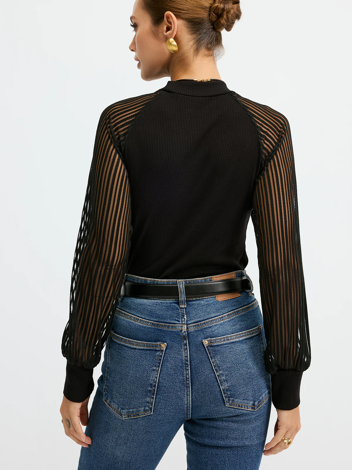 Mock Neck Mesh-Sleeve T-Shirt - Image 6