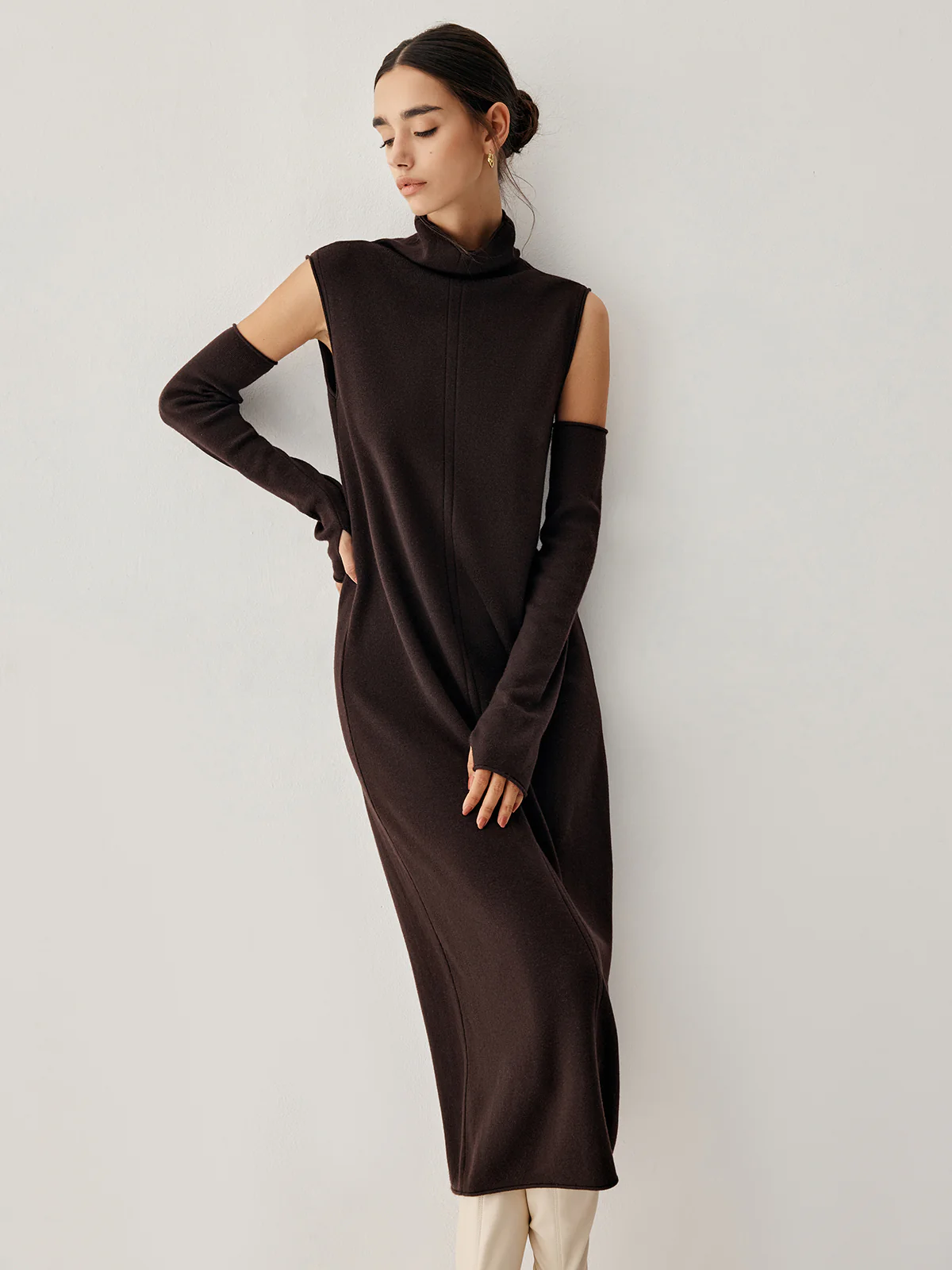 Mock Neck Long Sweater Dress With Gloves - Image 2