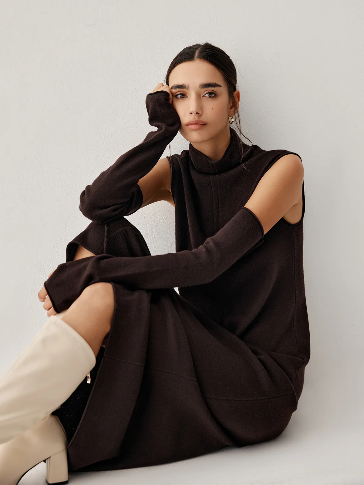 Mock Neck Long Sweater Dress With Gloves - Image 3