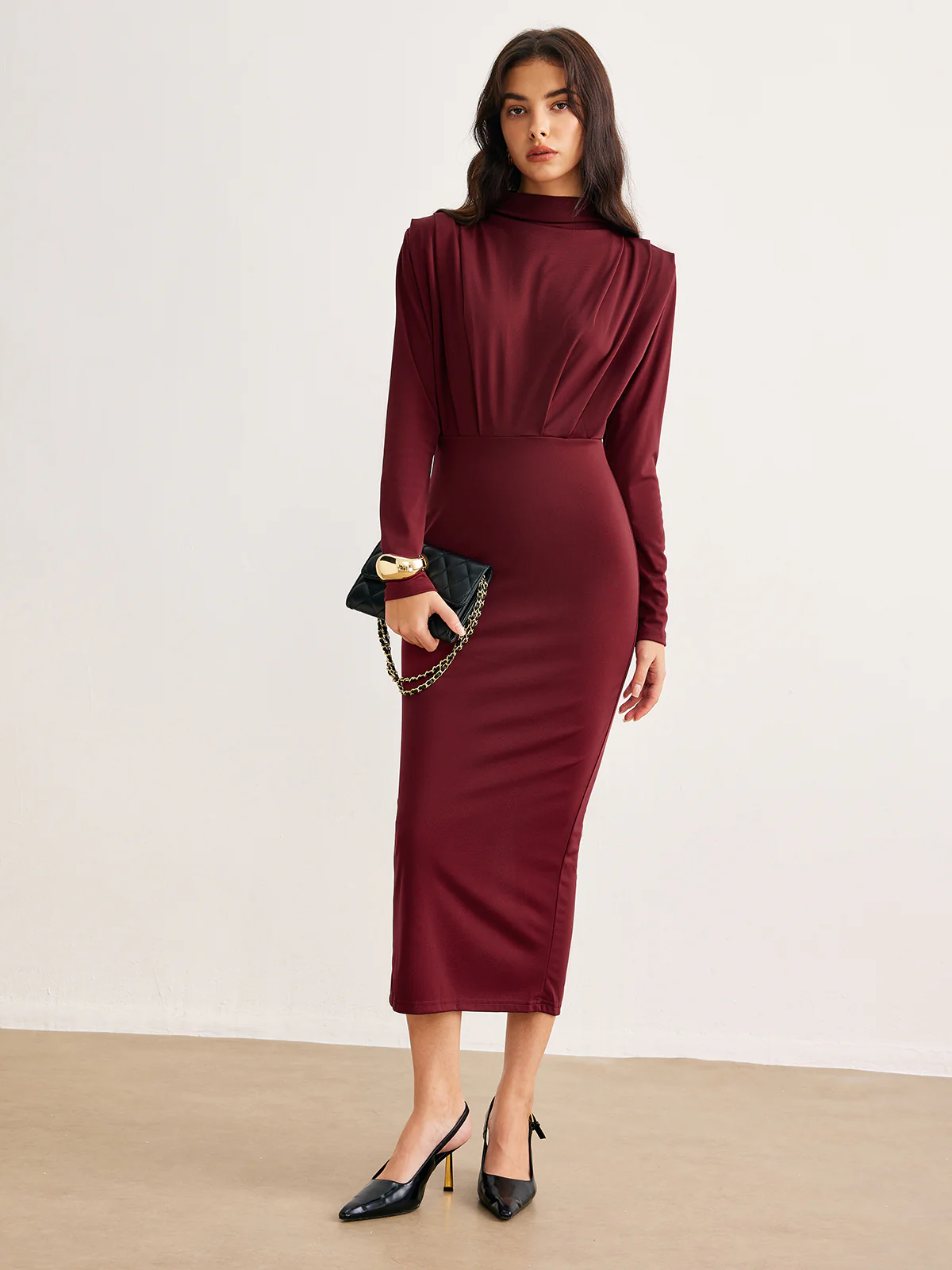Mock Neck Pleated Jersey Dress - Image 3