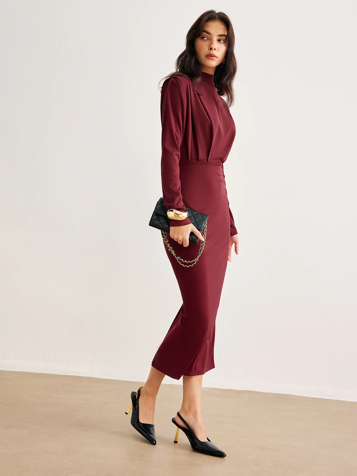 Mock Neck Pleated Jersey Dress - Image 4