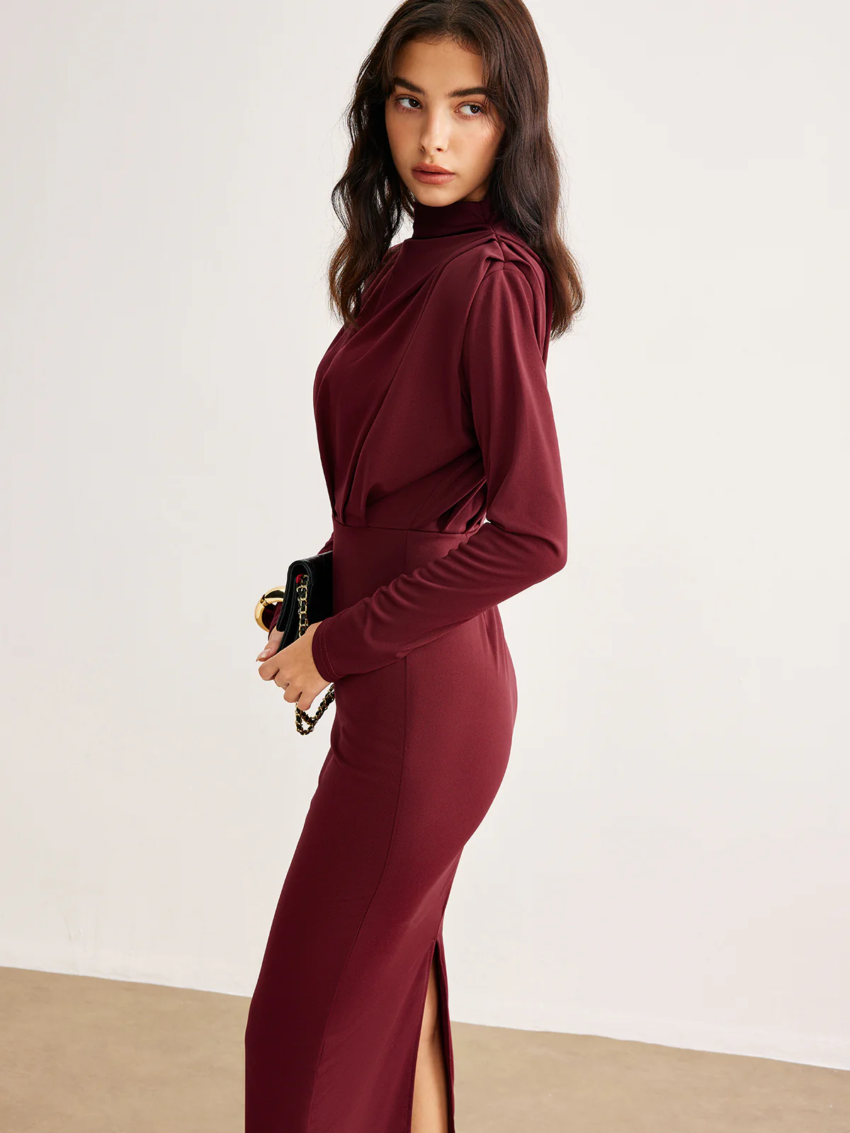 Mock Neck Pleated Jersey Dress - Image 5