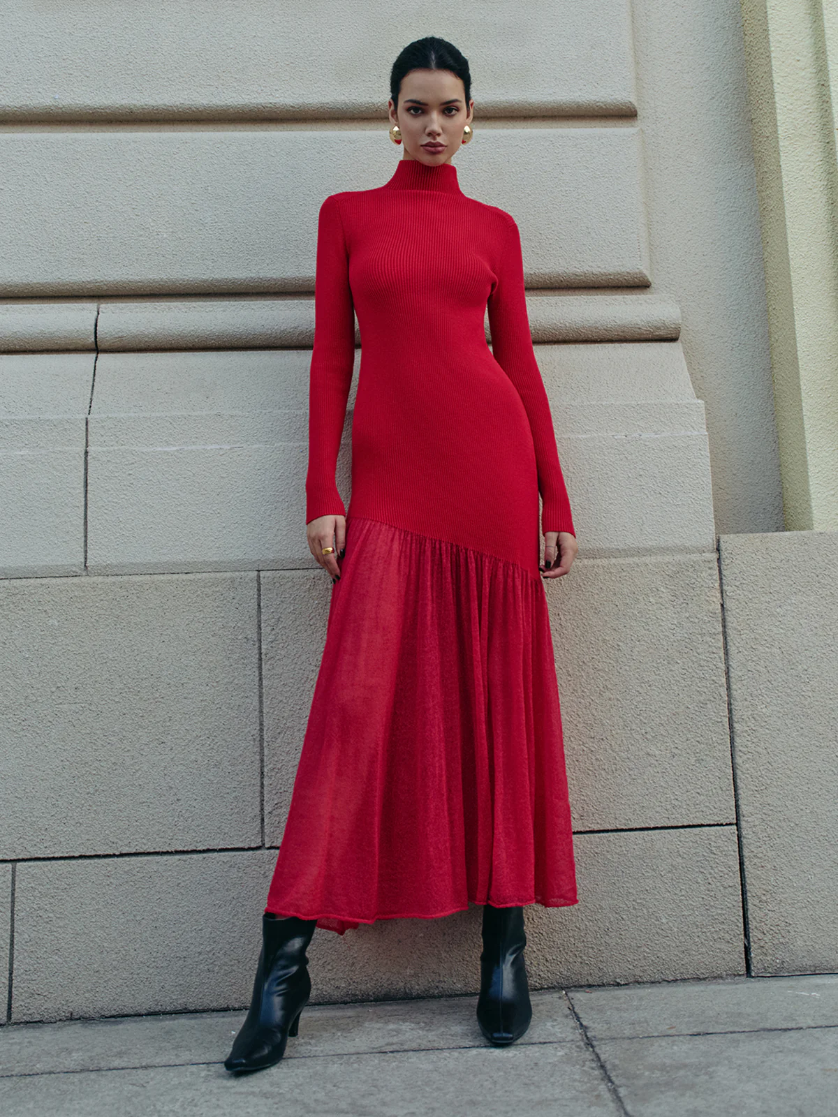 Mock Neck  Pleated Panel Sweater Dress - Image 4