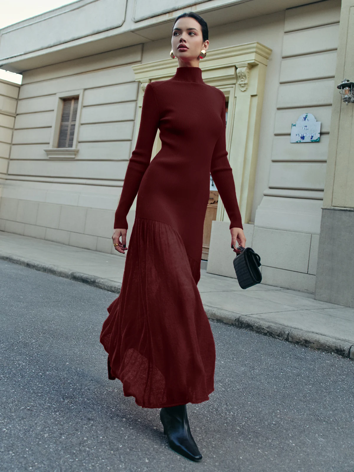 Mock Neck  Pleated Panel Sweater Dress - Image 7