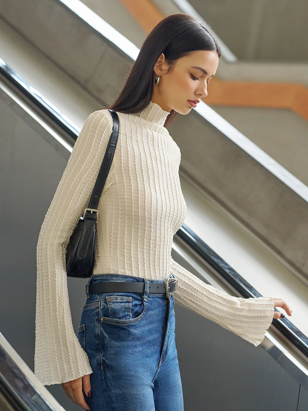 Mock Neck Plisse Skinny T-Shirt - Image 5