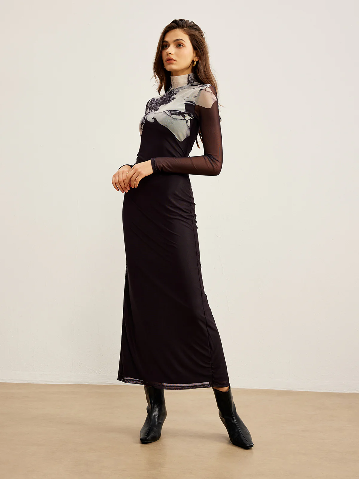 Mock Neck Printed Mesh Dress - Image 3