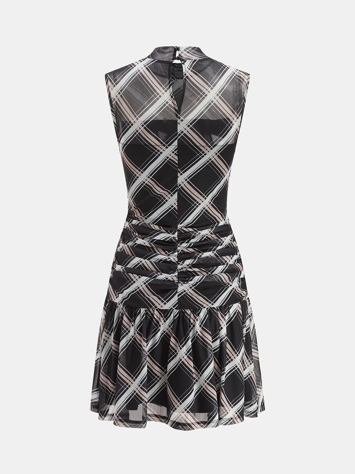 Mock Neck Ruffle Sheer Plaid Mini Dress - Image 3