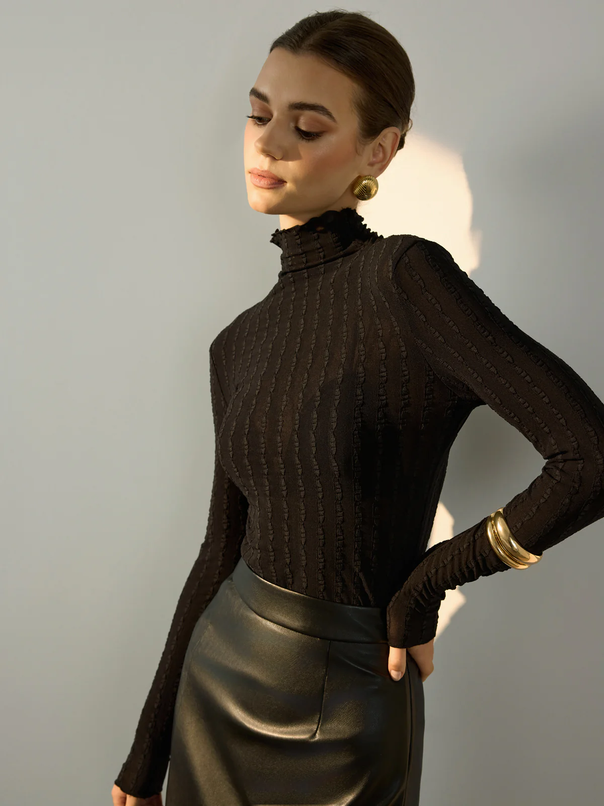 Mock Neck Semi-Sheer Slim T-Shirt - Image 5