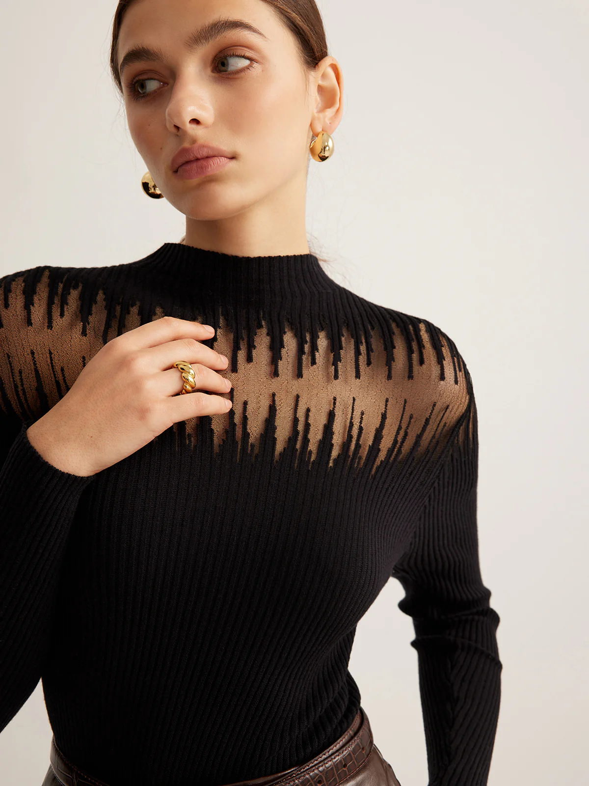 Mock Neck Sheer Panel Knit Top - Image 2