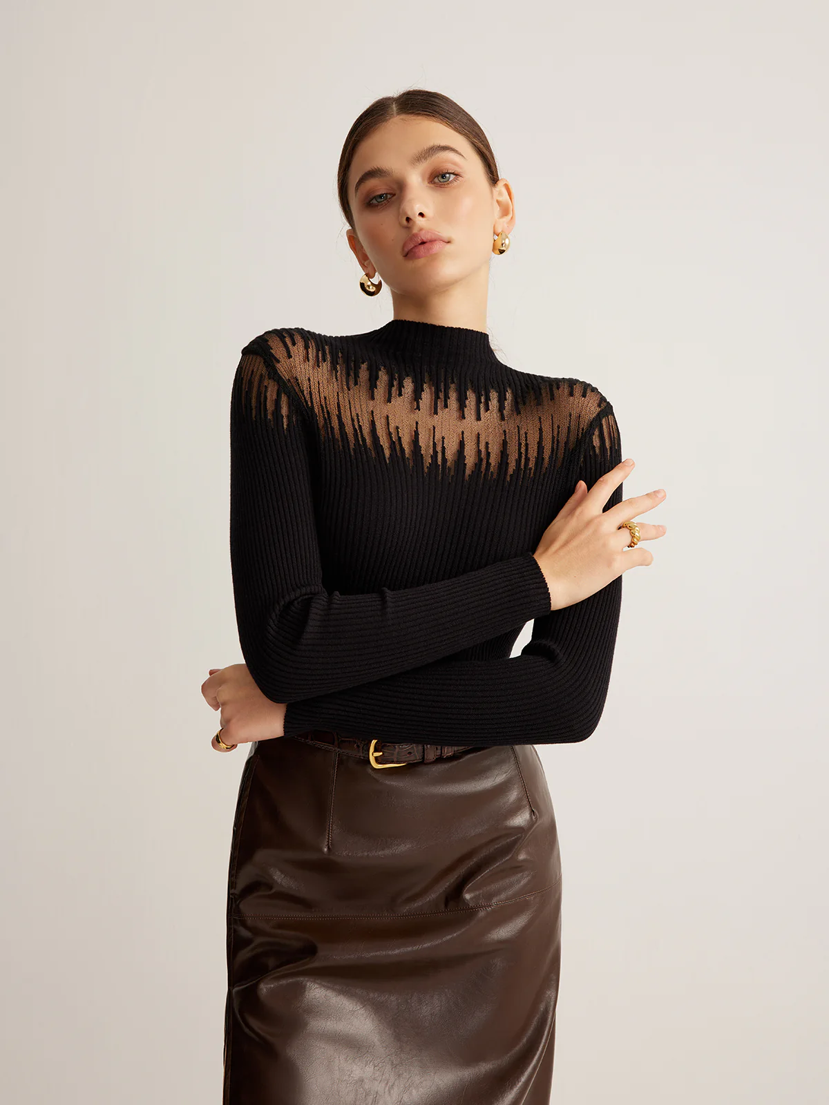 Mock Neck Sheer Panel Knit Top - Image 3