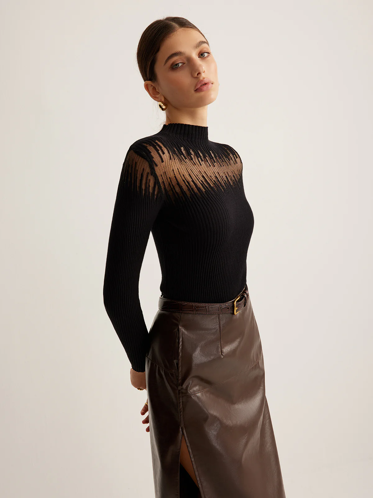 Mock Neck Sheer Panel Knit Top - Image 4