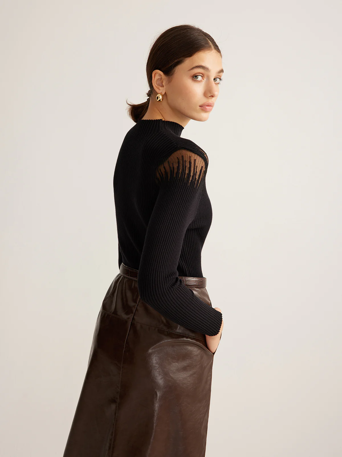 Mock Neck Sheer Panel Knit Top - Image 5