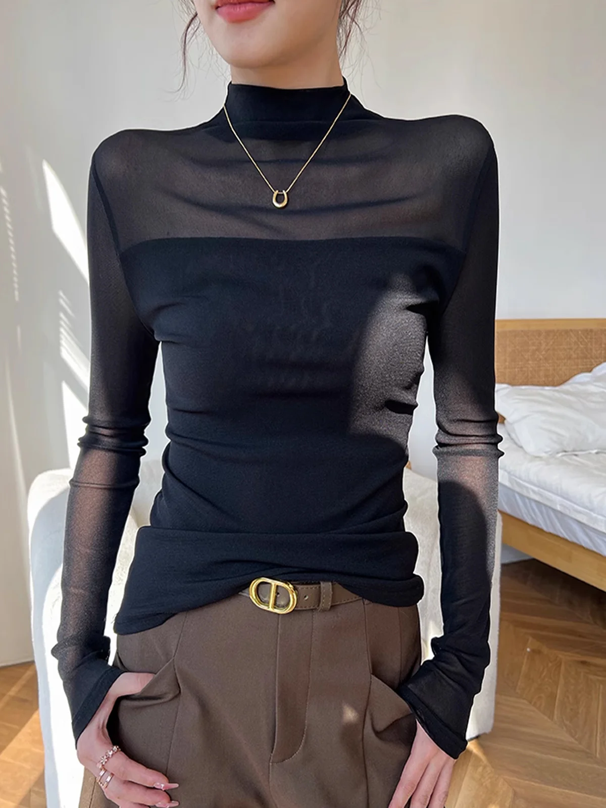 Mock Neck Sheer Mesh Panel T-Shirt - Image 2