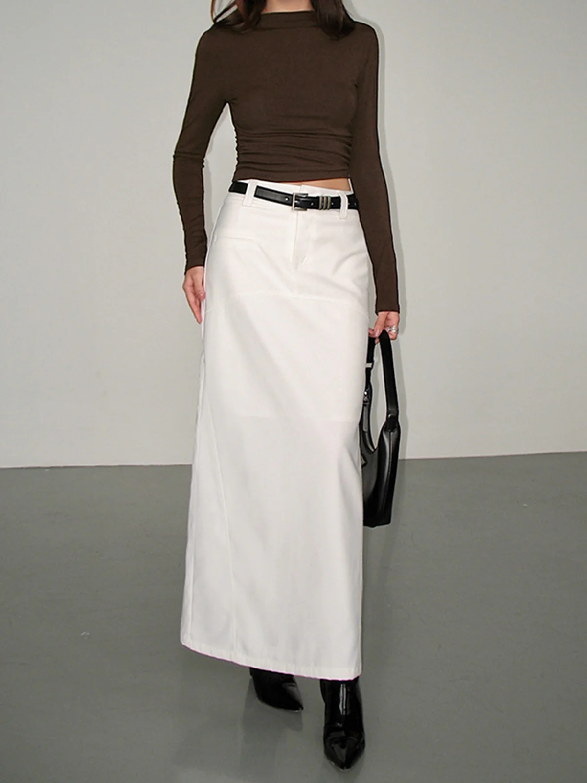 Mock Neck Slinky Long Sleeve Ribbed Knit Crop Shirt - Image 3