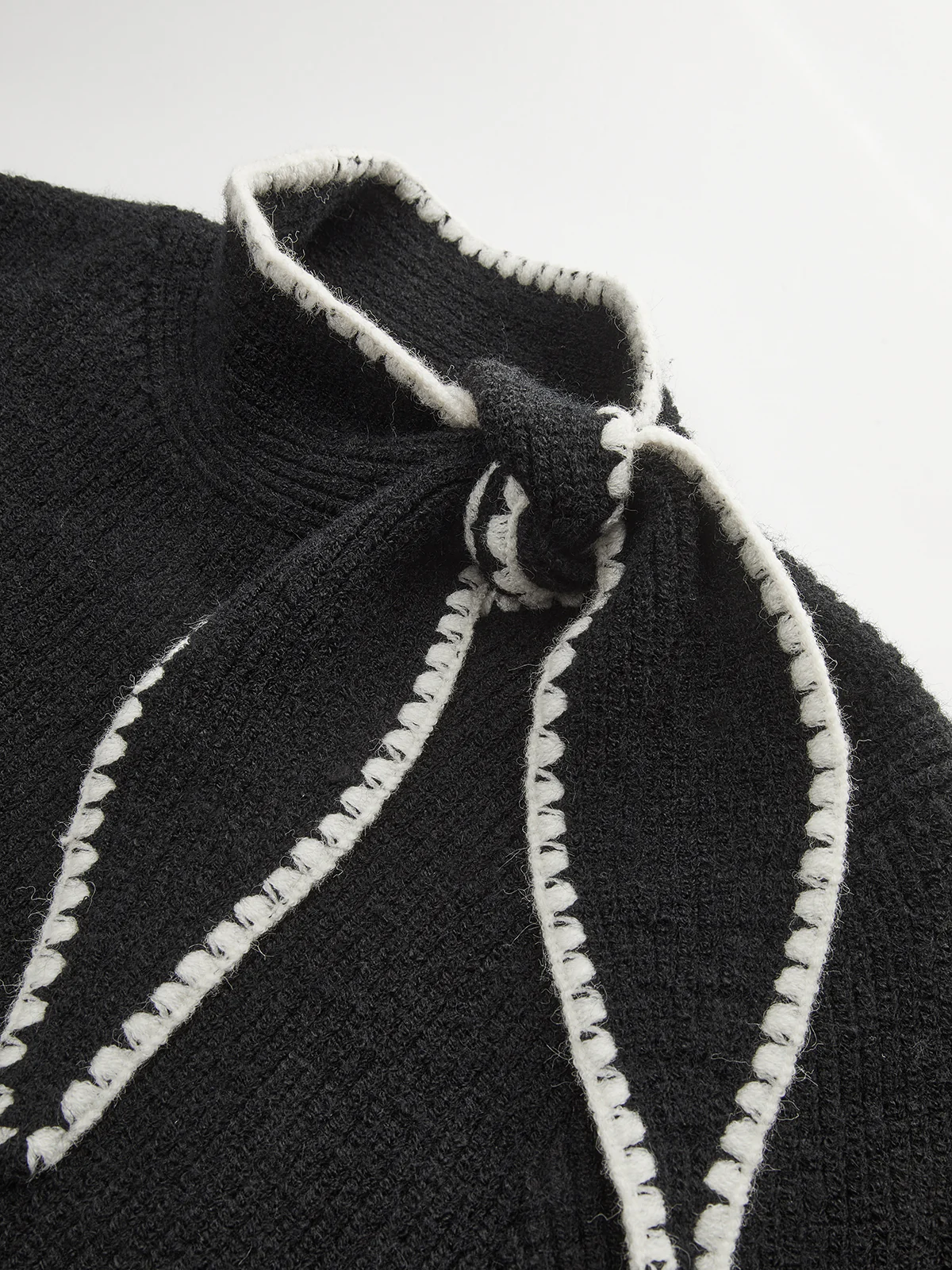 Mock Neck Tie Neck Contrast Stitch Sweater - Image 4