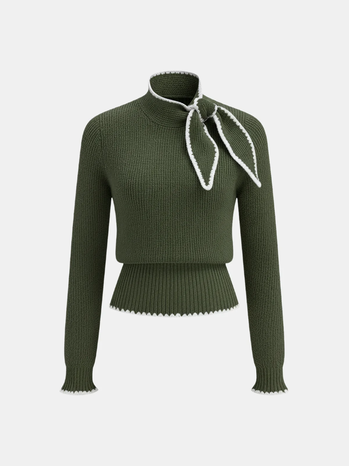Mock Neck Tie Neck Contrast Stitch Sweater - Image 5
