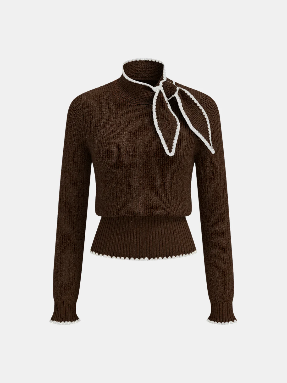 Mock Neck Tie Neck Contrast Stitch Sweater - Image 6