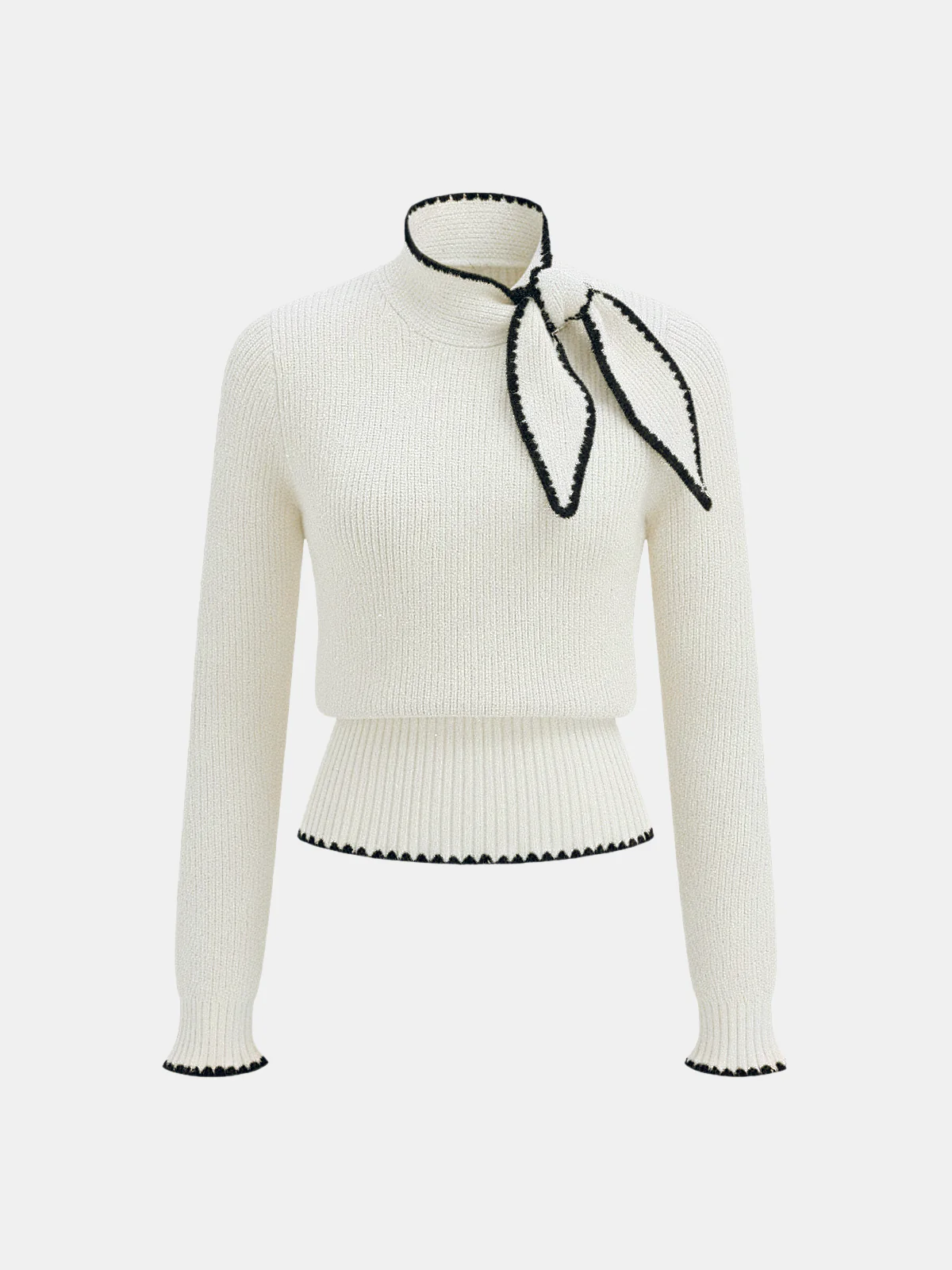 Mock Neck Tie Neck Contrast Stitch Sweater - Image 7