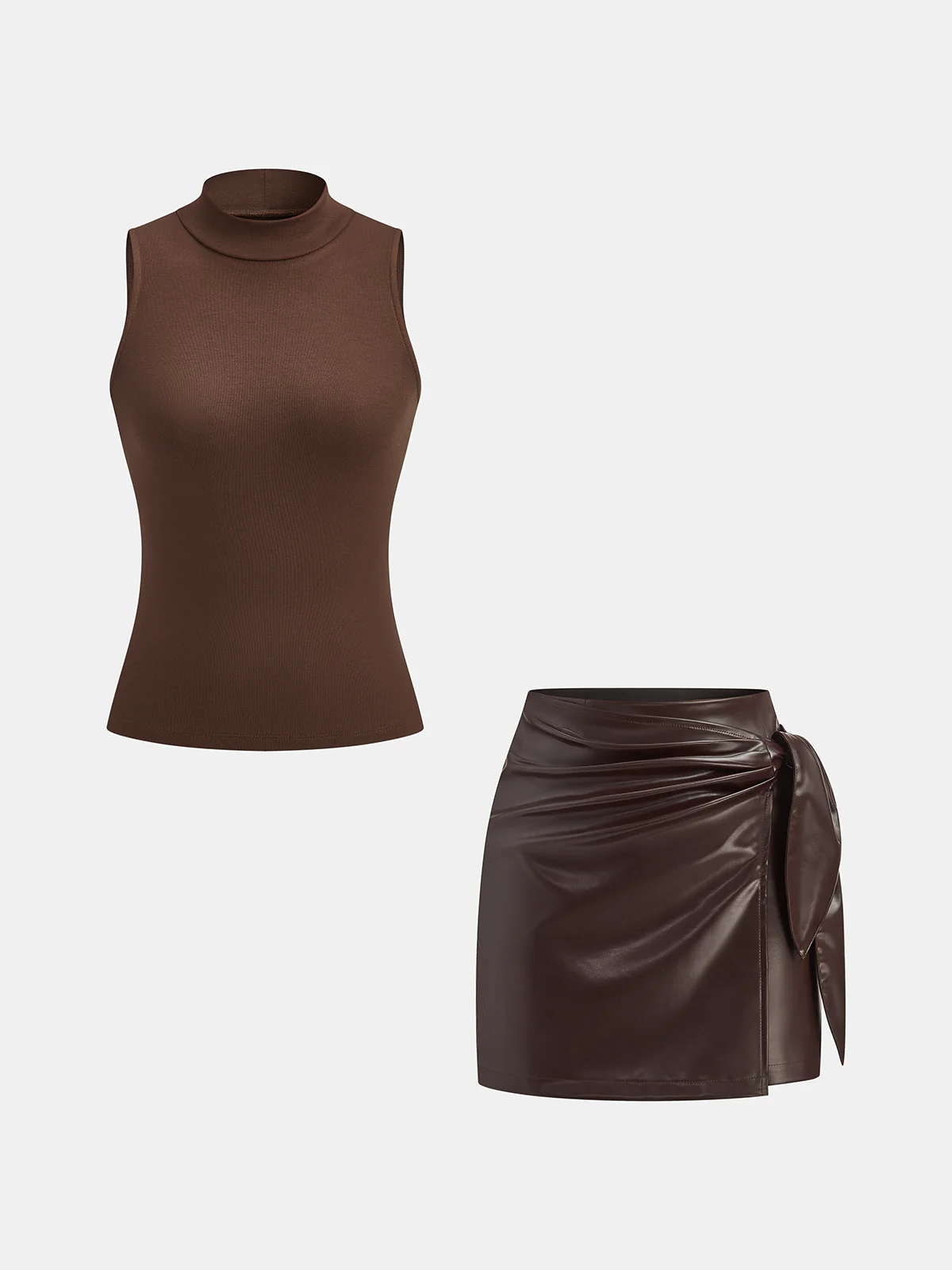 Mock Neck Top with Faux Leather Skirt Set - Image 2