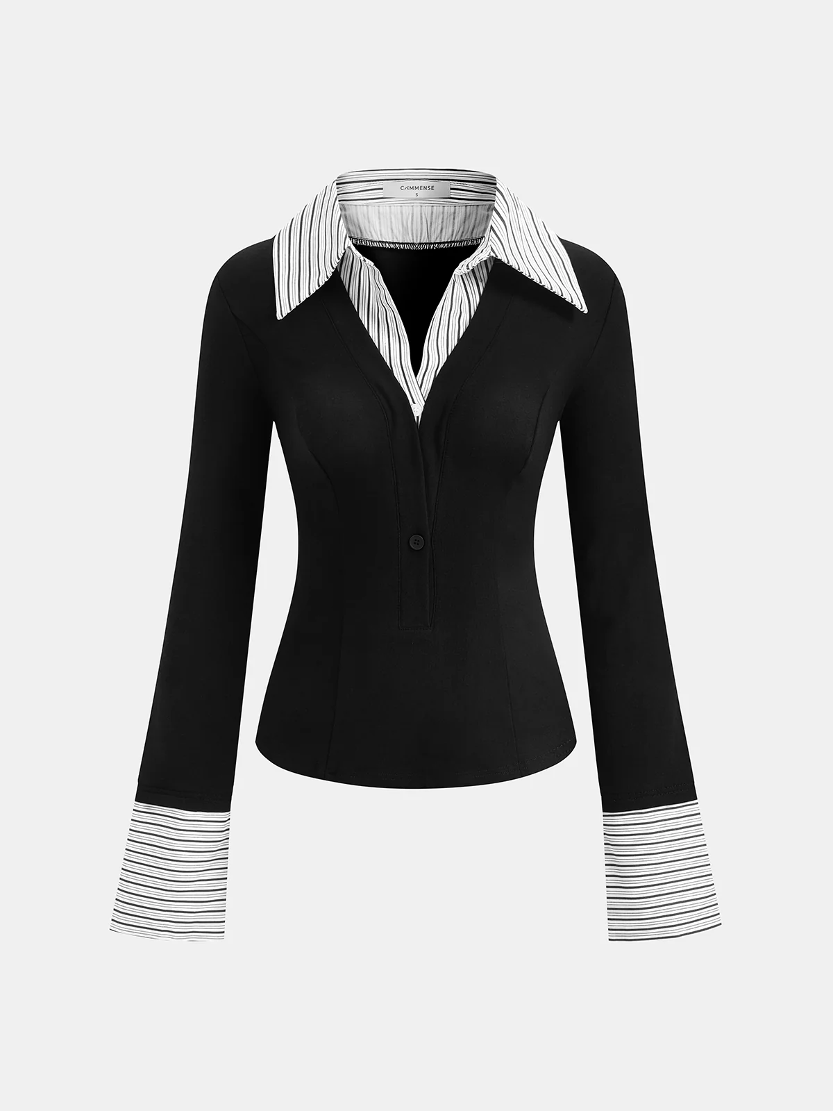 Mock Two-Piece Long-Sleeve Two Tone Polo Top - Image 7