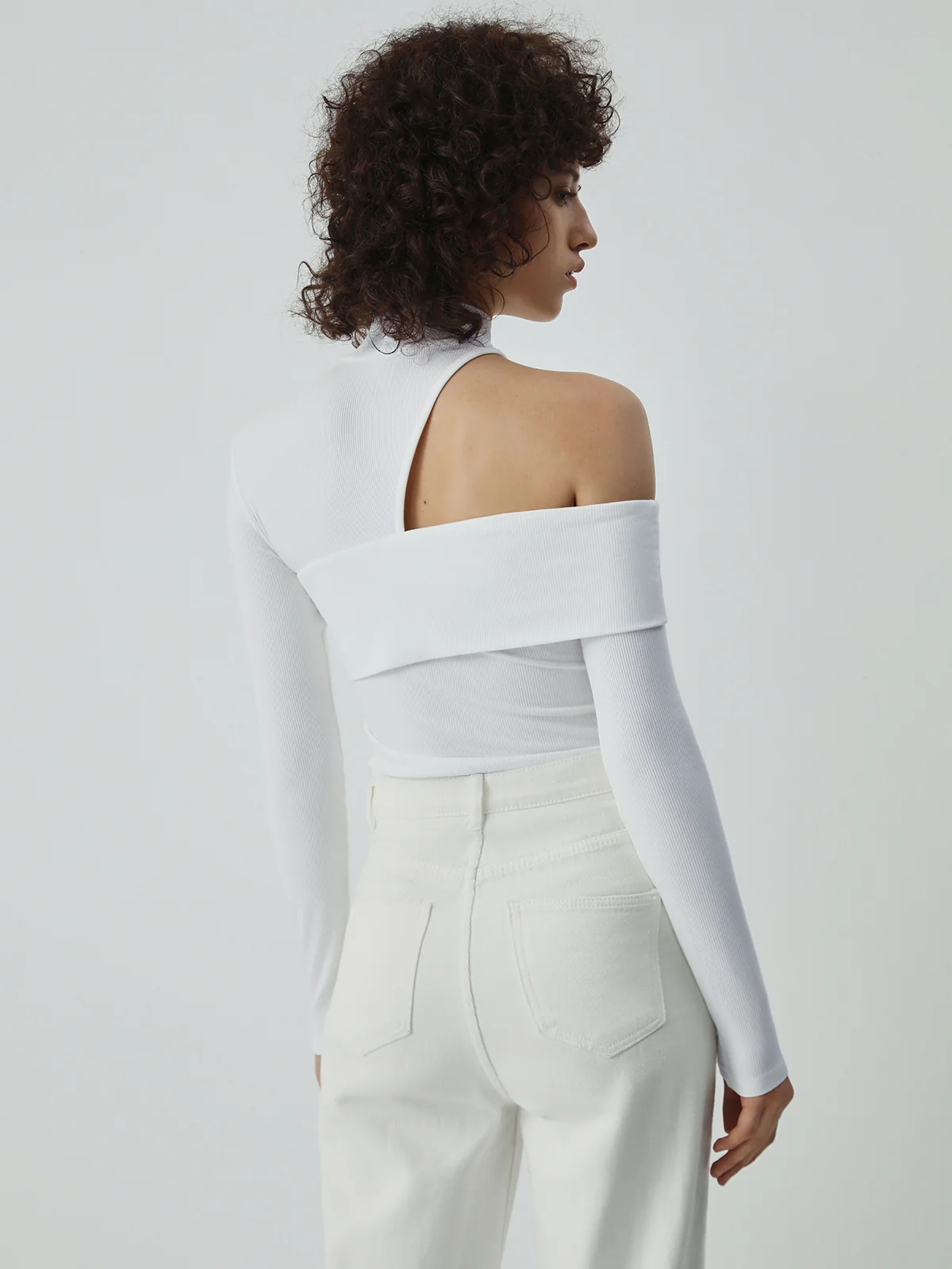 Mock Neck Oblique Cutout Rib Long Sleeve Knit Top - Image 3
