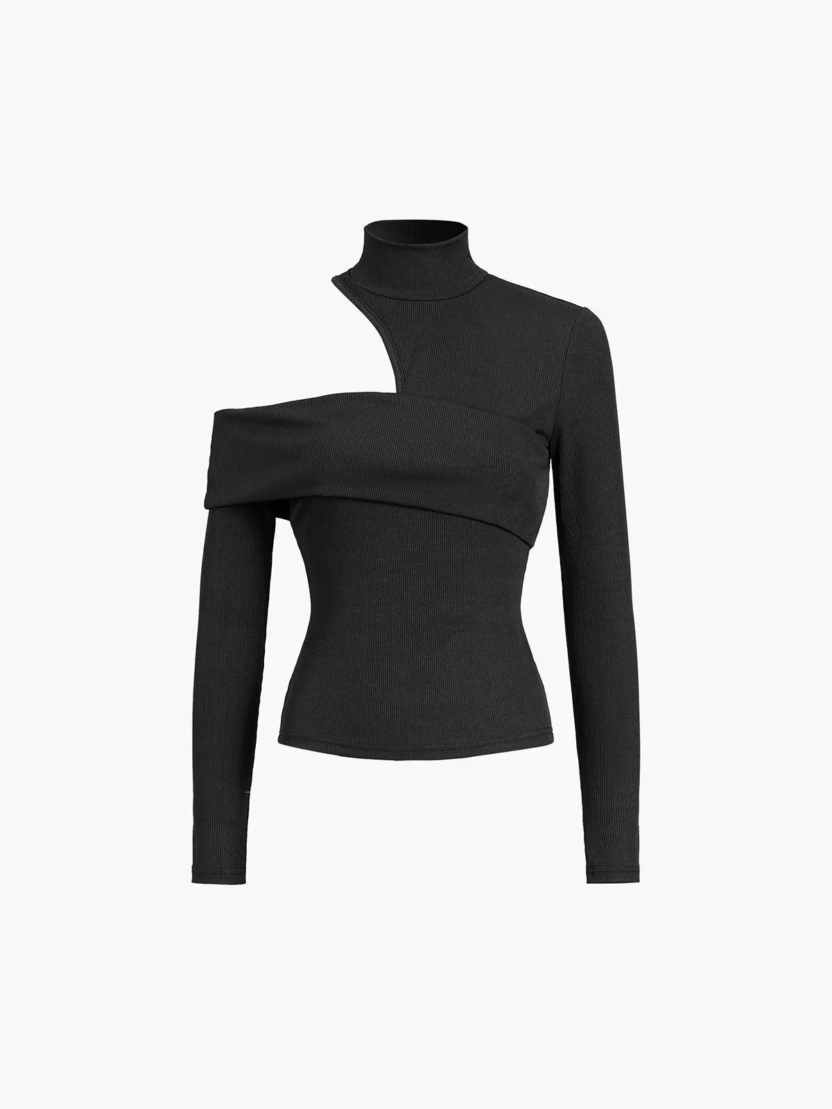 Mock Neck Oblique Cutout Rib Long Sleeve Knit Top - Image 4