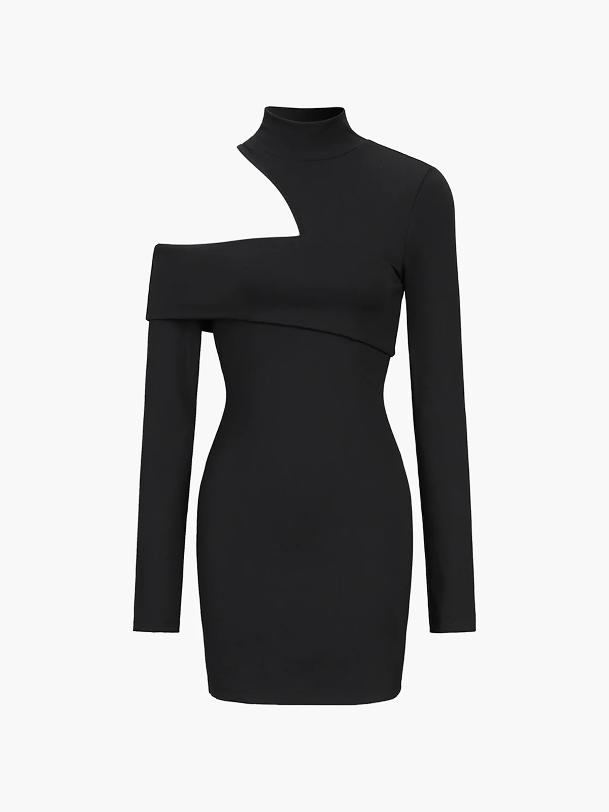 Mock Neck Oblique Cutout Rib Long Sleeve Short Dress - Image 3