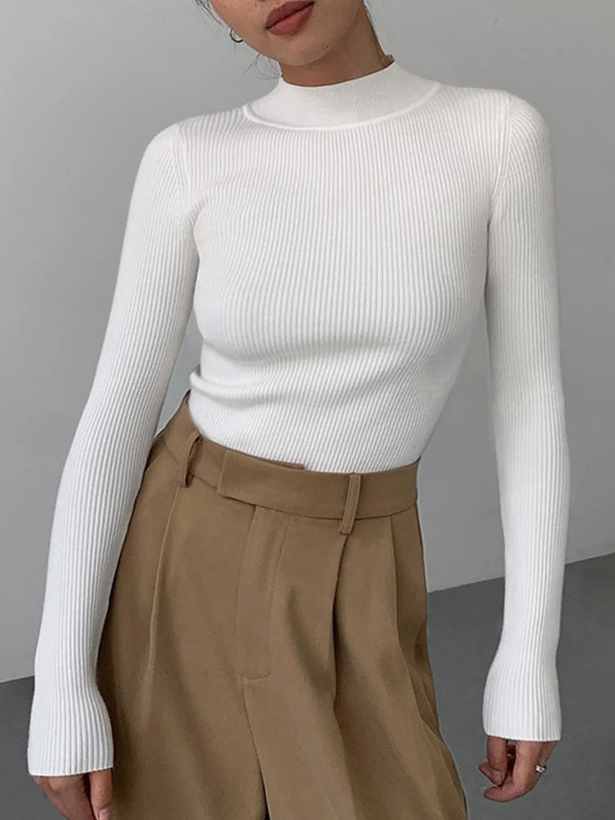 Mock Neck Rib Long Sleeve Knit Top - Image 2