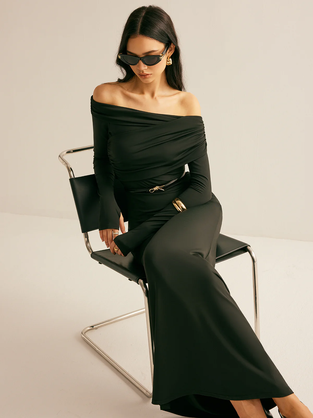 Modal Off-Shoulder Ruched Dress Without Belt - Image 3