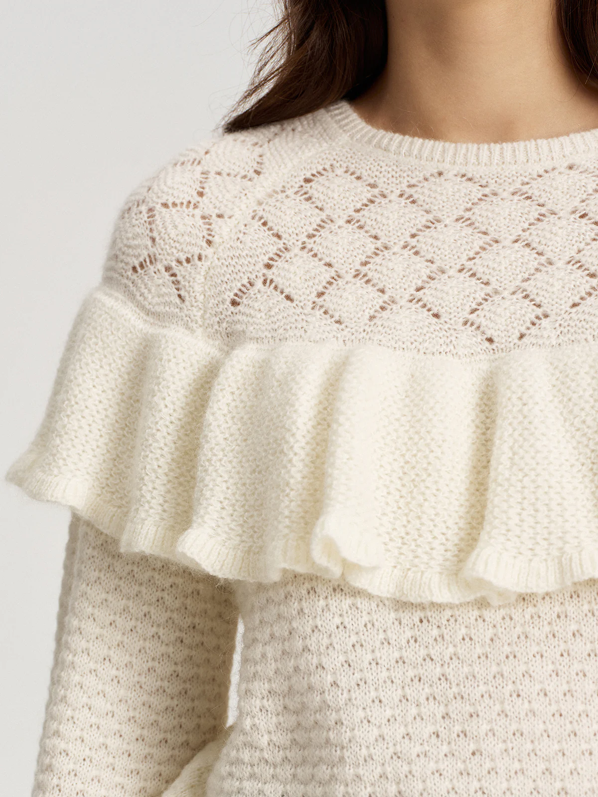 Mohair & Wool Blend Ruffle Pointelle Knit Top - Image 3