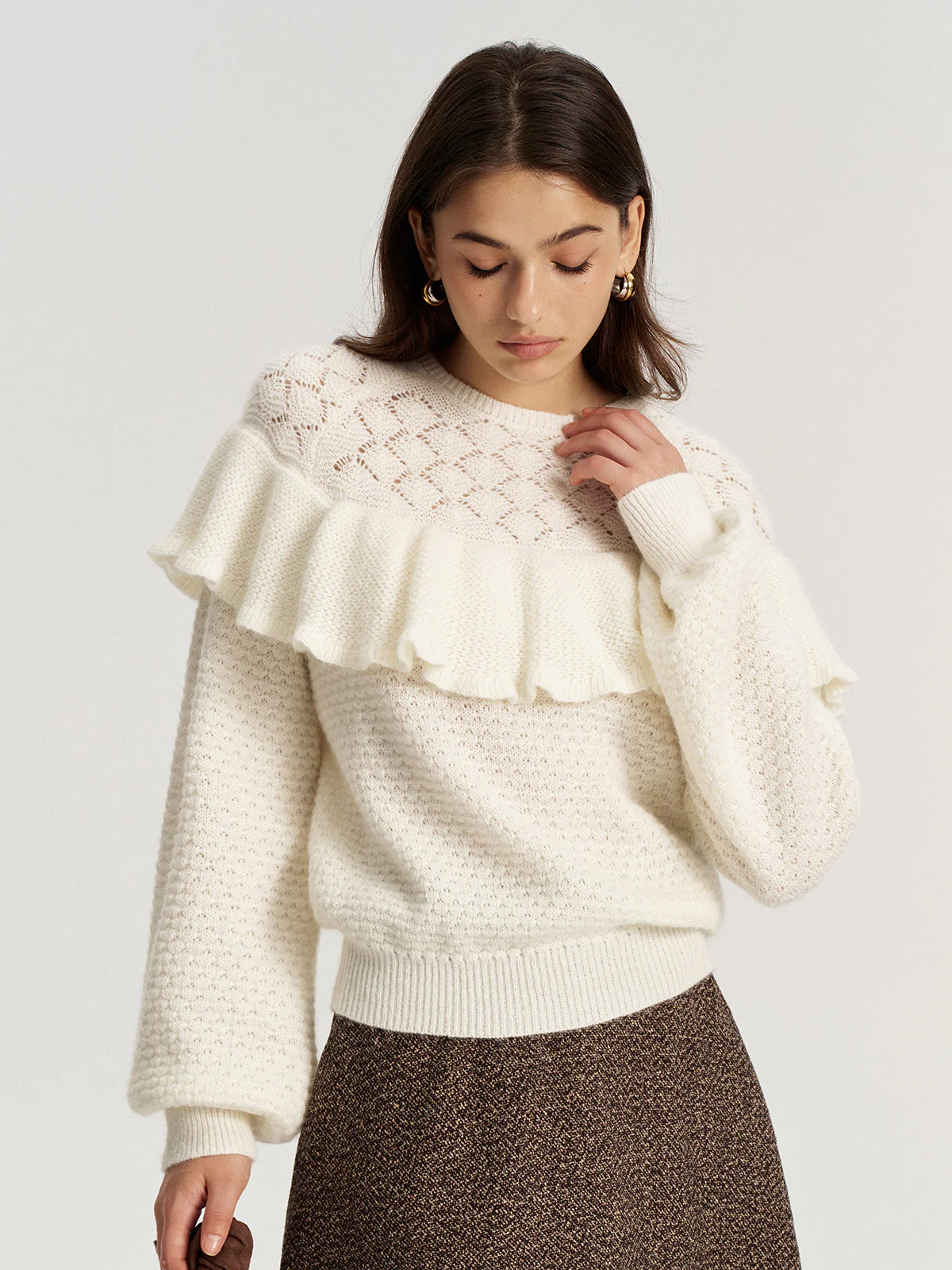 Mohair & Wool Blend Ruffle Pointelle Knit Top - Image 4