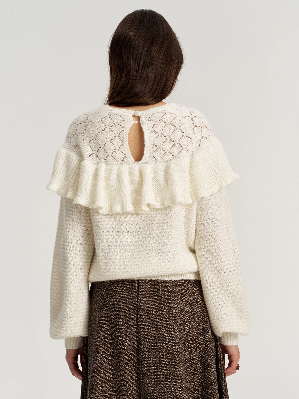 Mohair & Wool Blend Ruffle Pointelle Knit Top - Image 6
