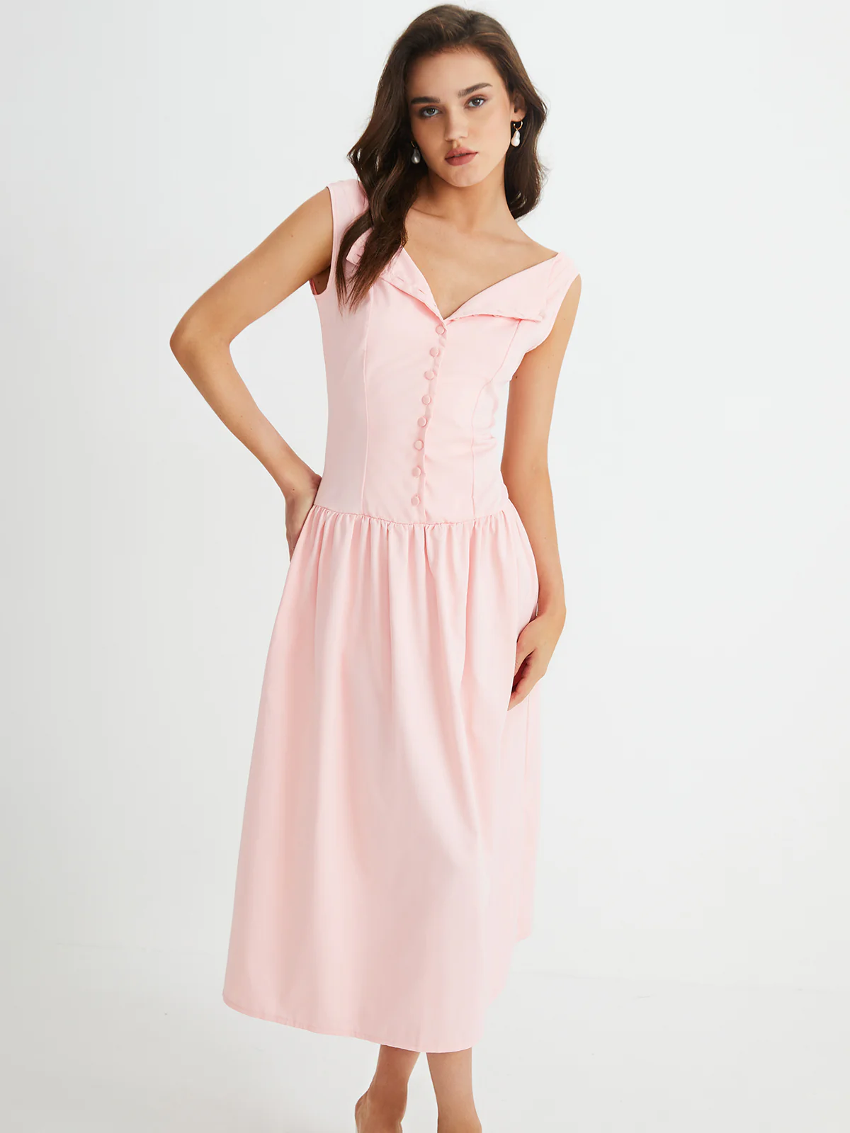 Multi-Button Sleeveless Pleated Midi Dress - Image 3