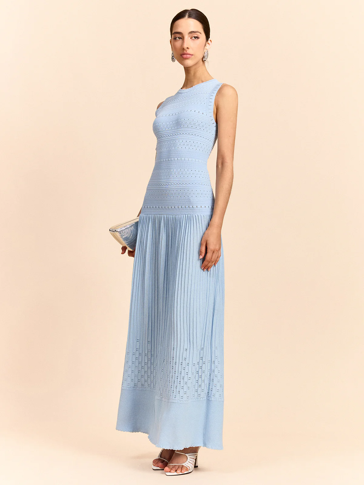 Sleeveless Knit Eyelet Pleated Maxi Dress - Image 4