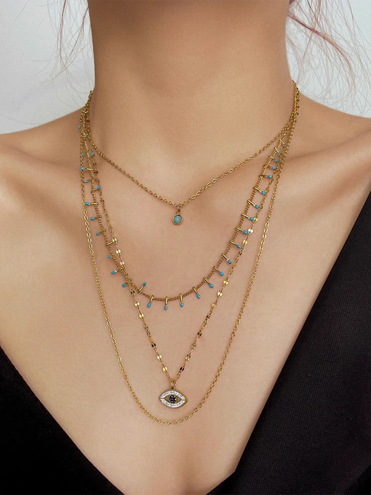 Multi-Layer Rhinestone Evil Eye Pendant Necklace - Image 2