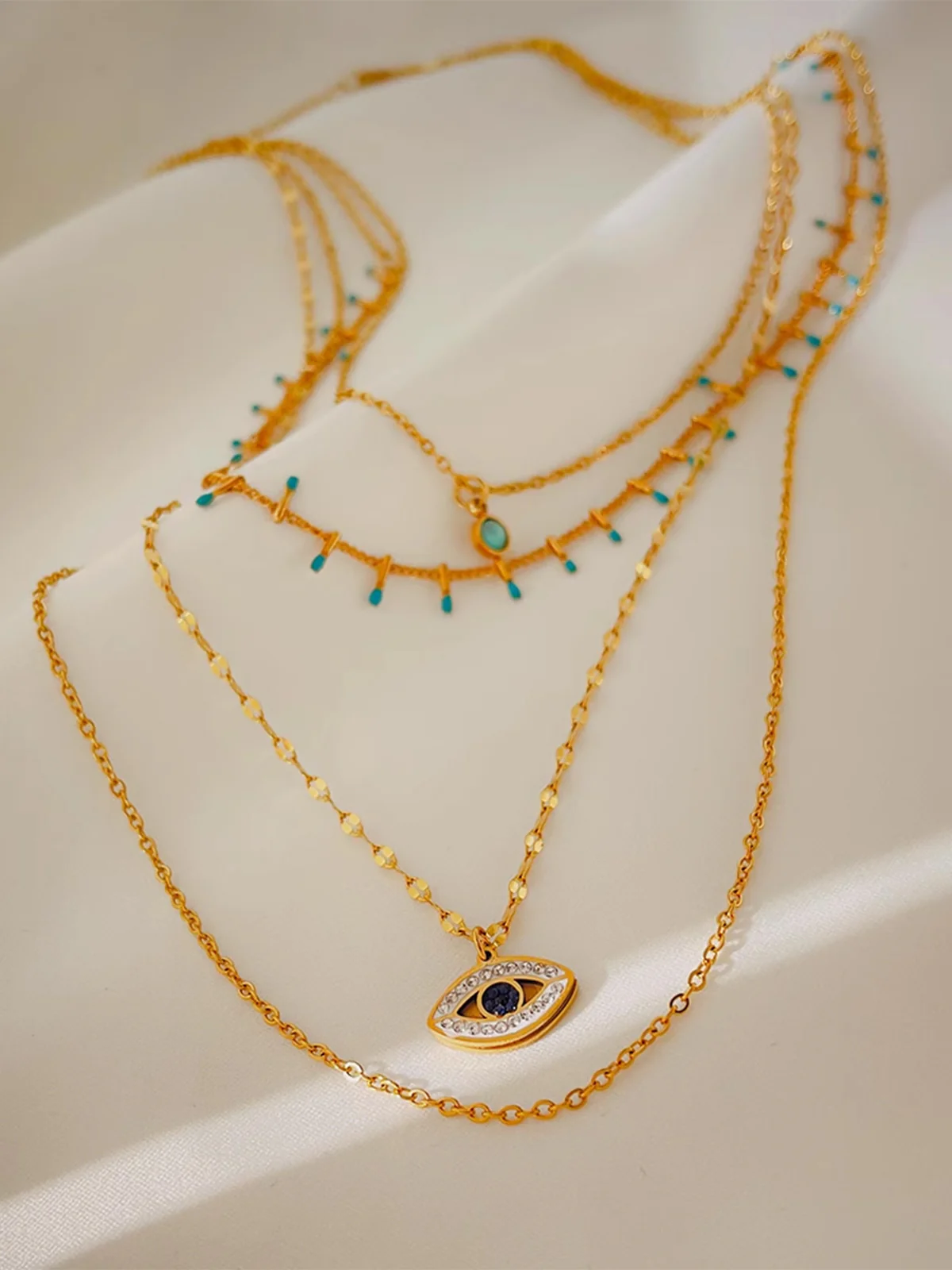 Multi-Layer Rhinestone Evil Eye Pendant Necklace - Image 3