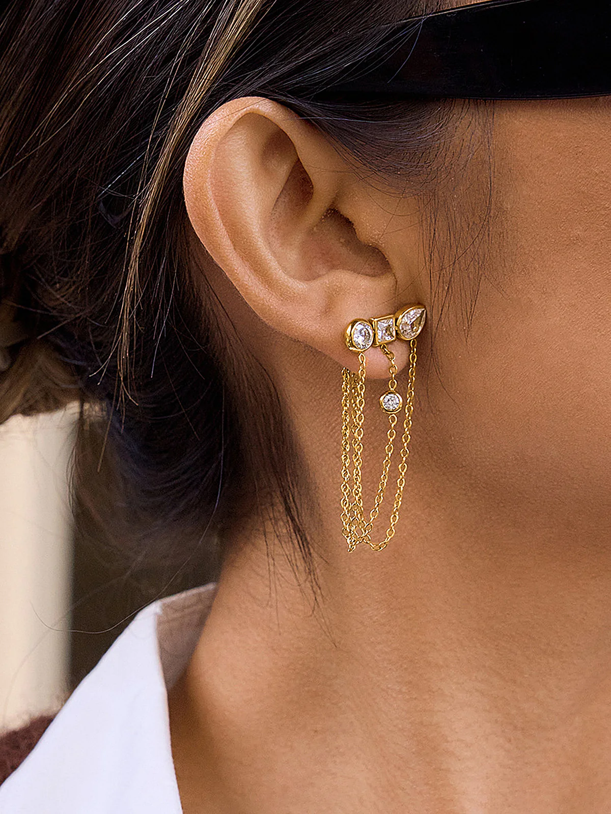 Multi-Stone Chain Drop Cluster Stud Earrings - Image 3