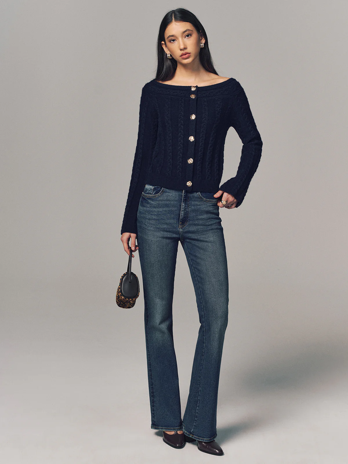 Multi-Way Cable Knit Boat Neck Metal Detail Knitted Top - Image 2