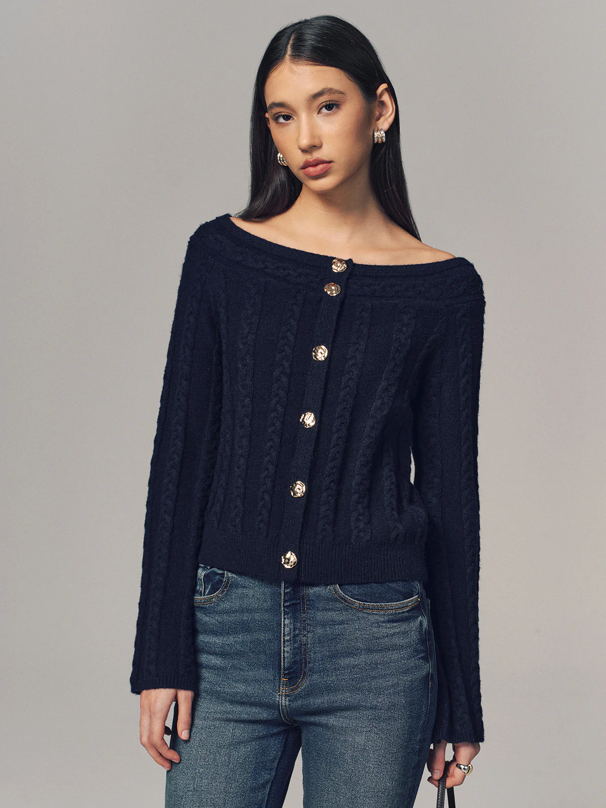 Multi-Way Cable Knit Boat Neck Metal Detail Knitted Top - Image 3