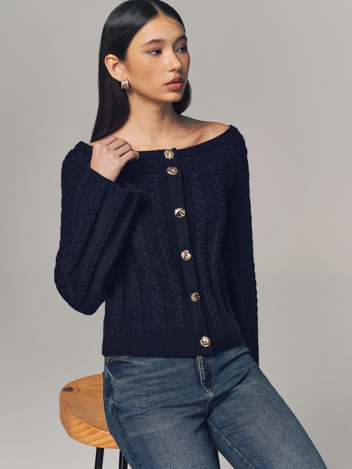 Multi-Way Cable Knit Boat Neck Metal Detail Knitted Top - Image 5