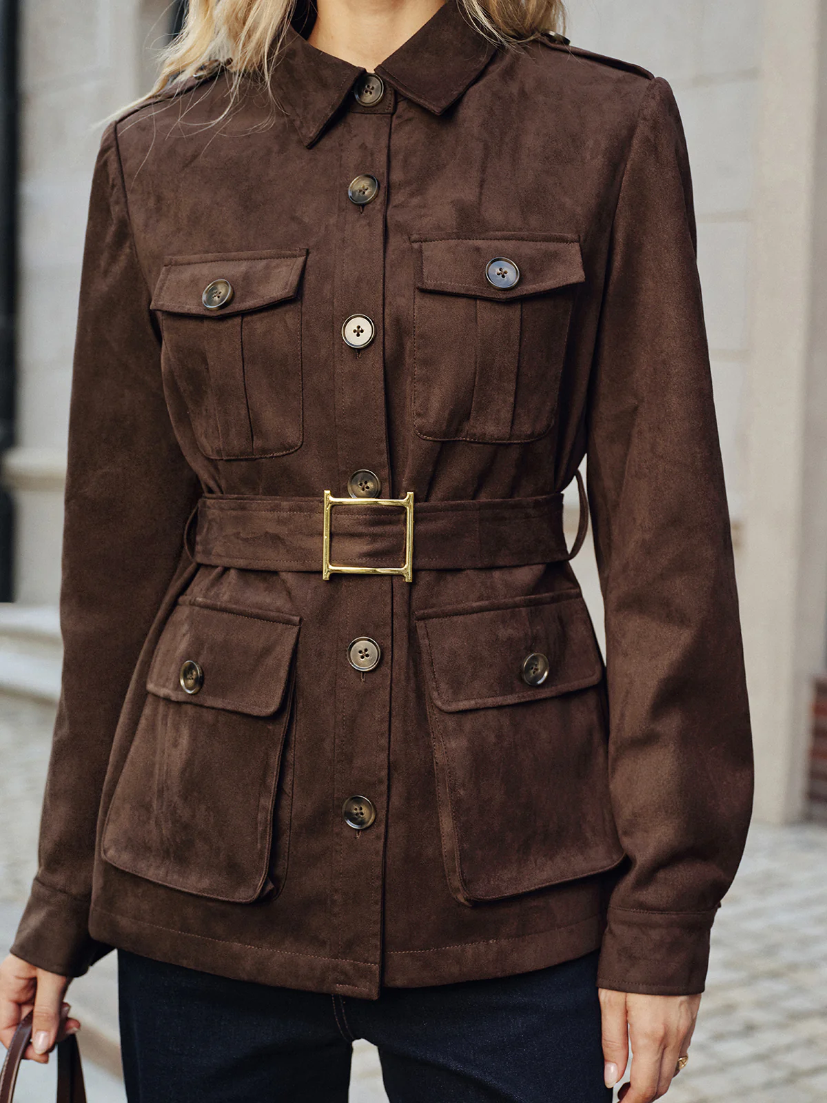 Multiple Pocket Belted Suede Effect Trench Coat - Image 5