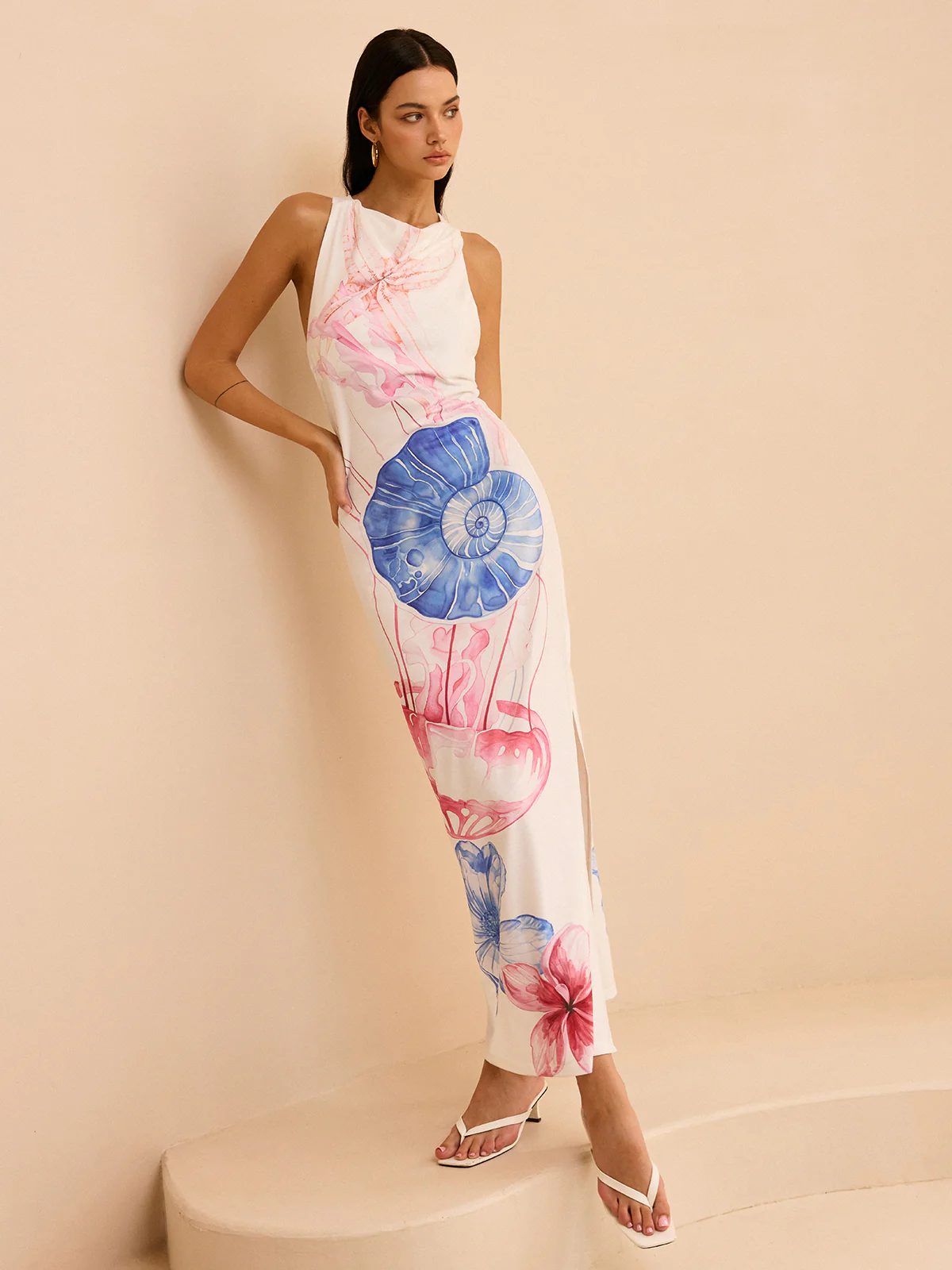 Semi-Sheer Ocean Print Maxi Dress with Slit - Image 5