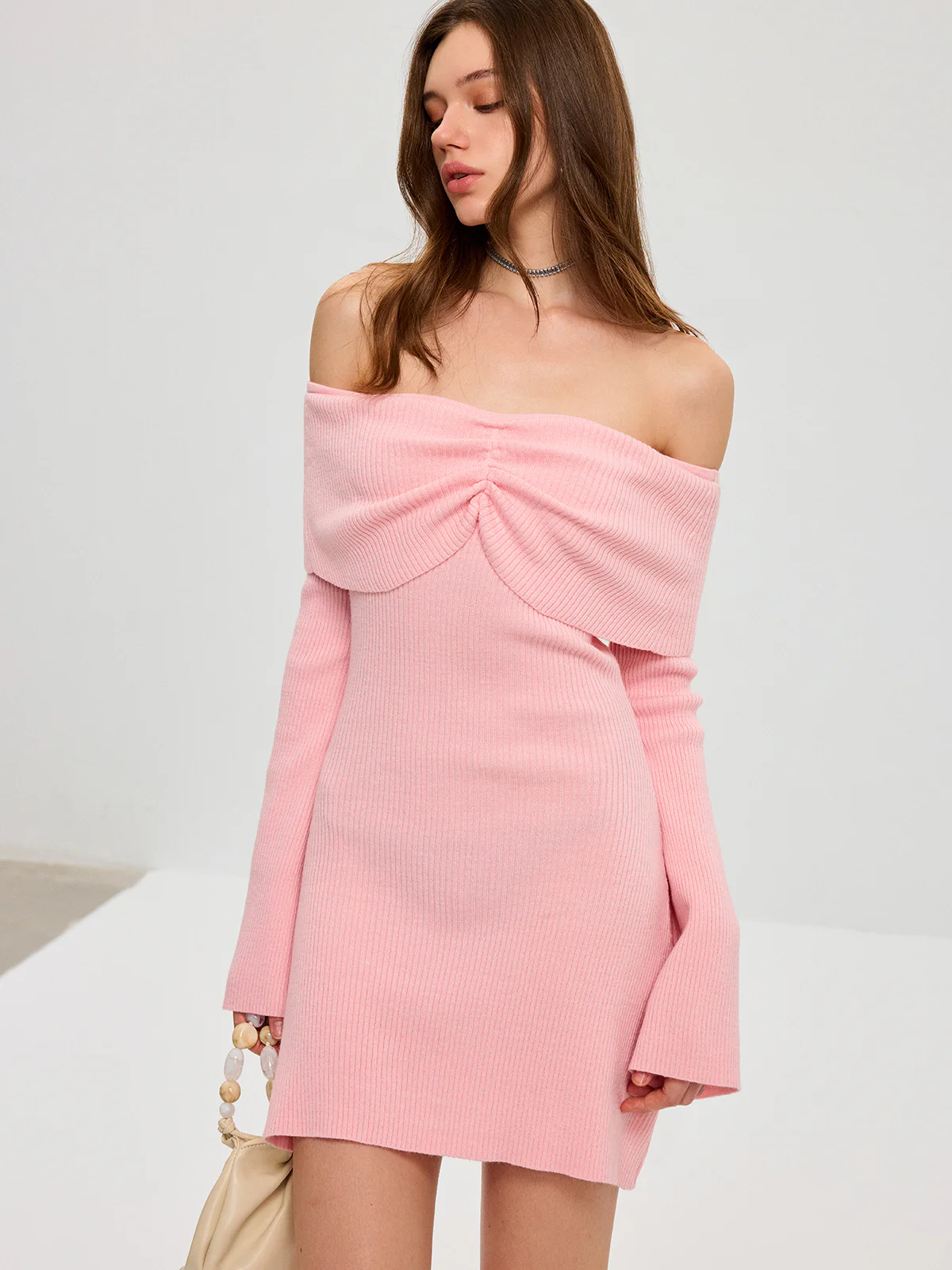 Off-Shoulder Bell Sleeve Wool Blend Mini Dress - Image 3