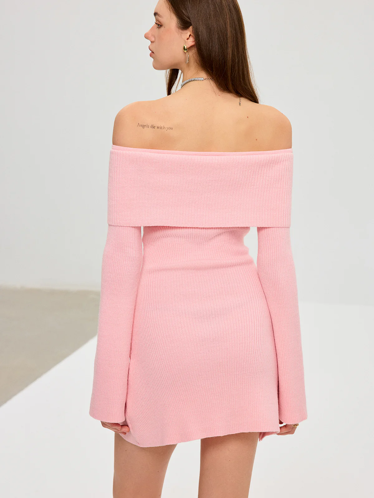 Off-Shoulder Bell Sleeve Wool Blend Mini Dress - Image 6